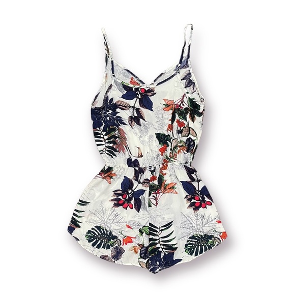 White Spaghetti Strap Floral Tropical Flower Summer Romper - Picture 2 of 4